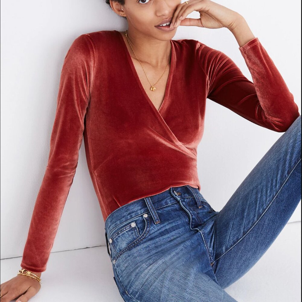 Madewell Velvet Wrap Bodysuit Size Medium - Burnished Rust Color